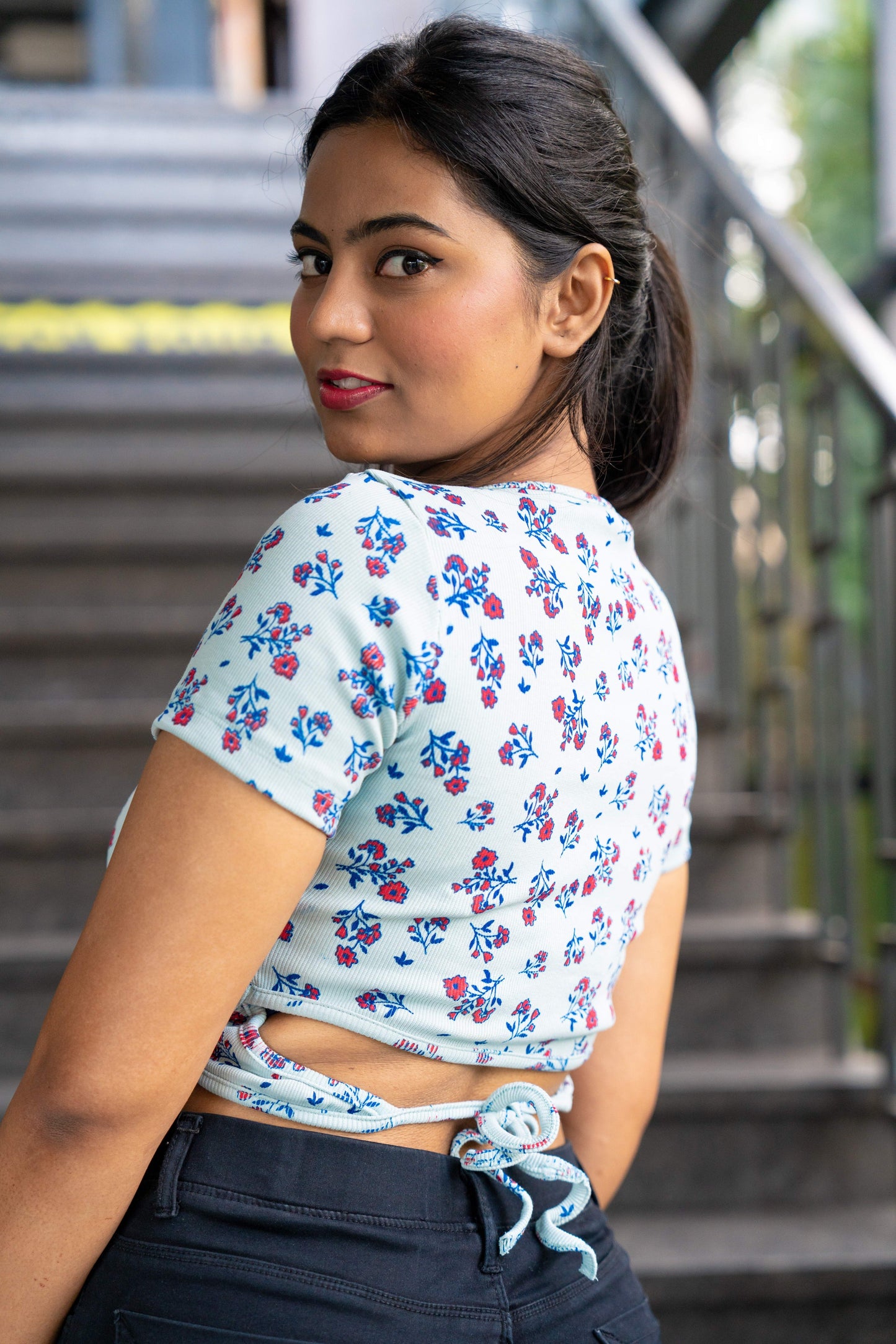 Floral Printed Back Lace Tie Top