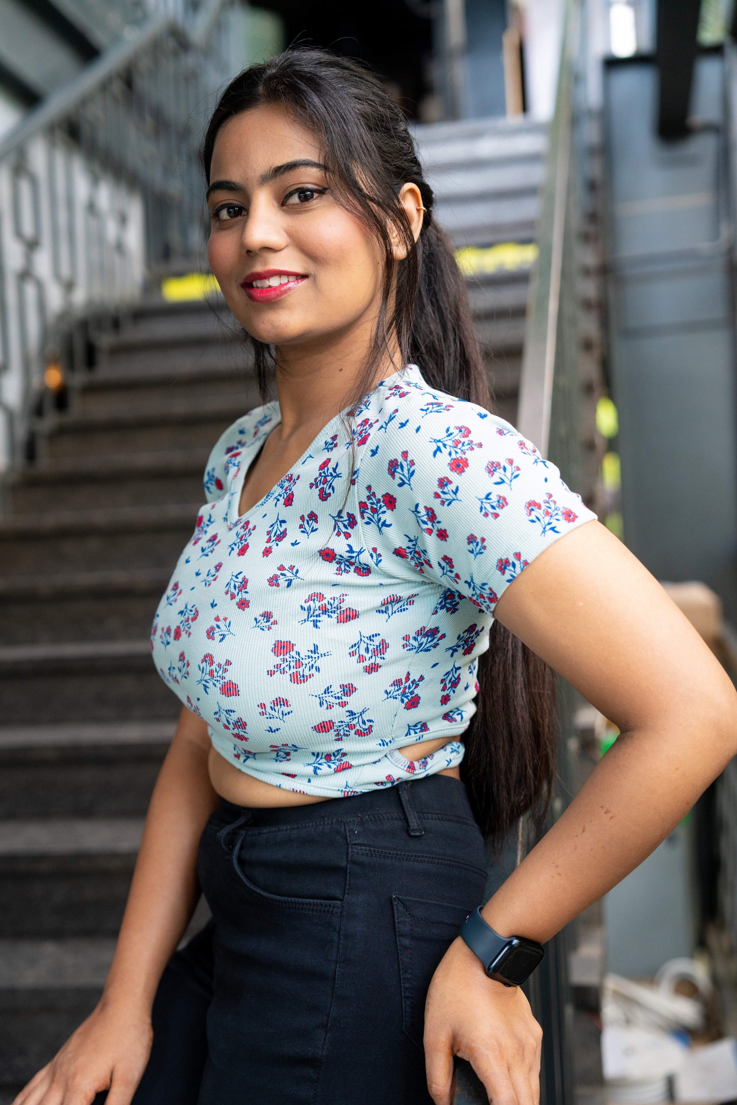 Floral Printed Back Lace Tie Top