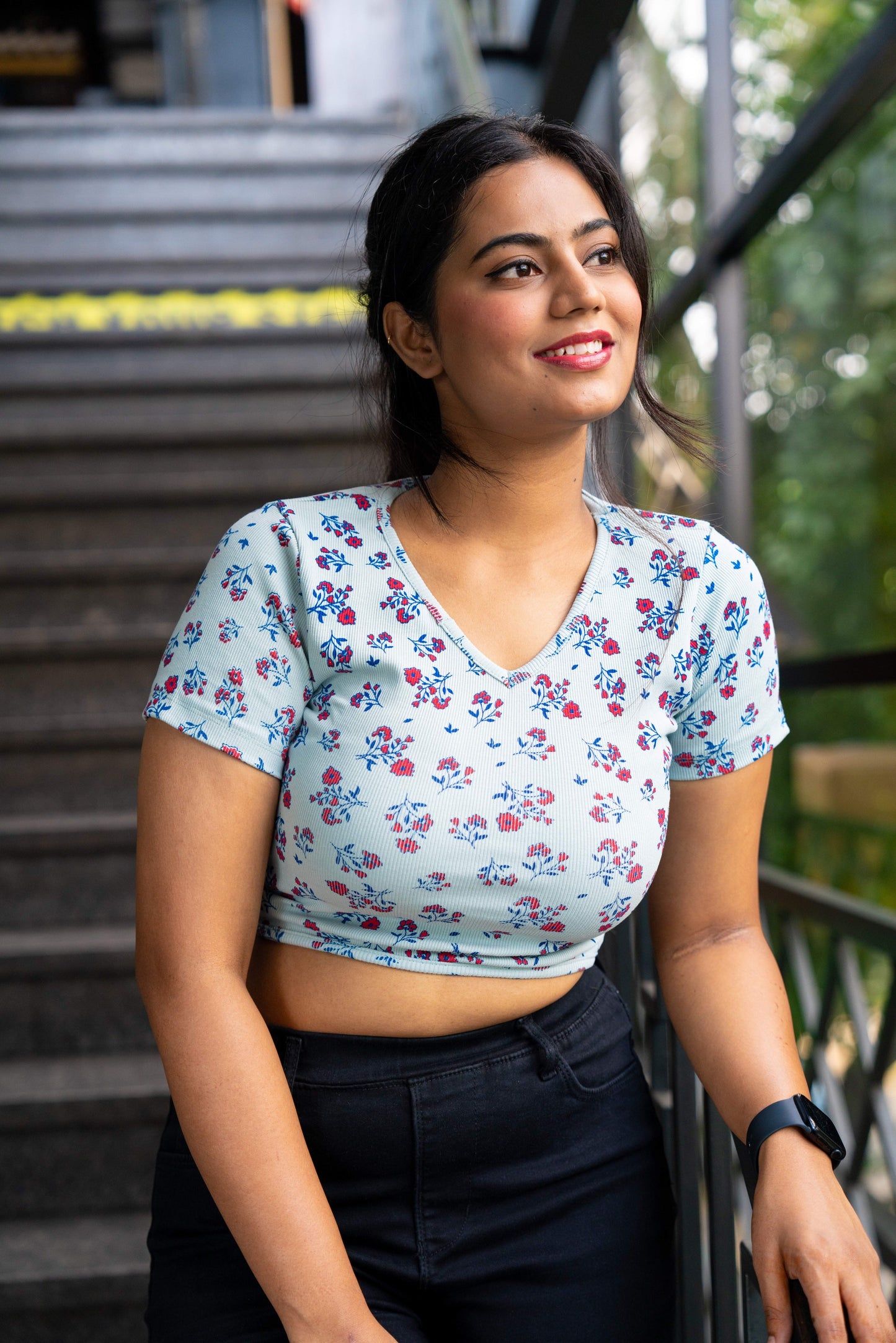 Floral Printed Back Lace Tie Top